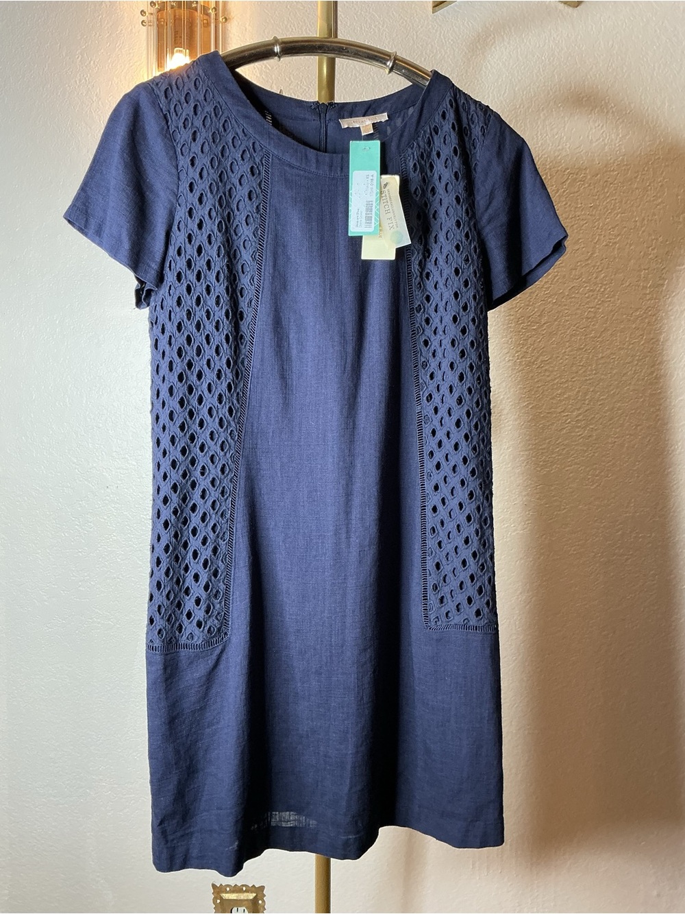 Navy Eyelet Panel Shift 100% Linen w/ 100% Cotton Dress